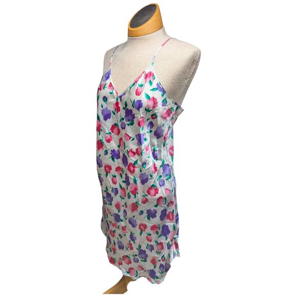 Vtg 1990s Inner Most White Pink Floral Print Satin V-Neck Mini Slip Dress M - Picture 1 of 4